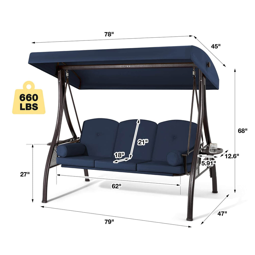3-Seat Outdoor Porch Swing with Cup Holders. Adjustable Canopy and Backrest for Patio Garden Deck. Blue