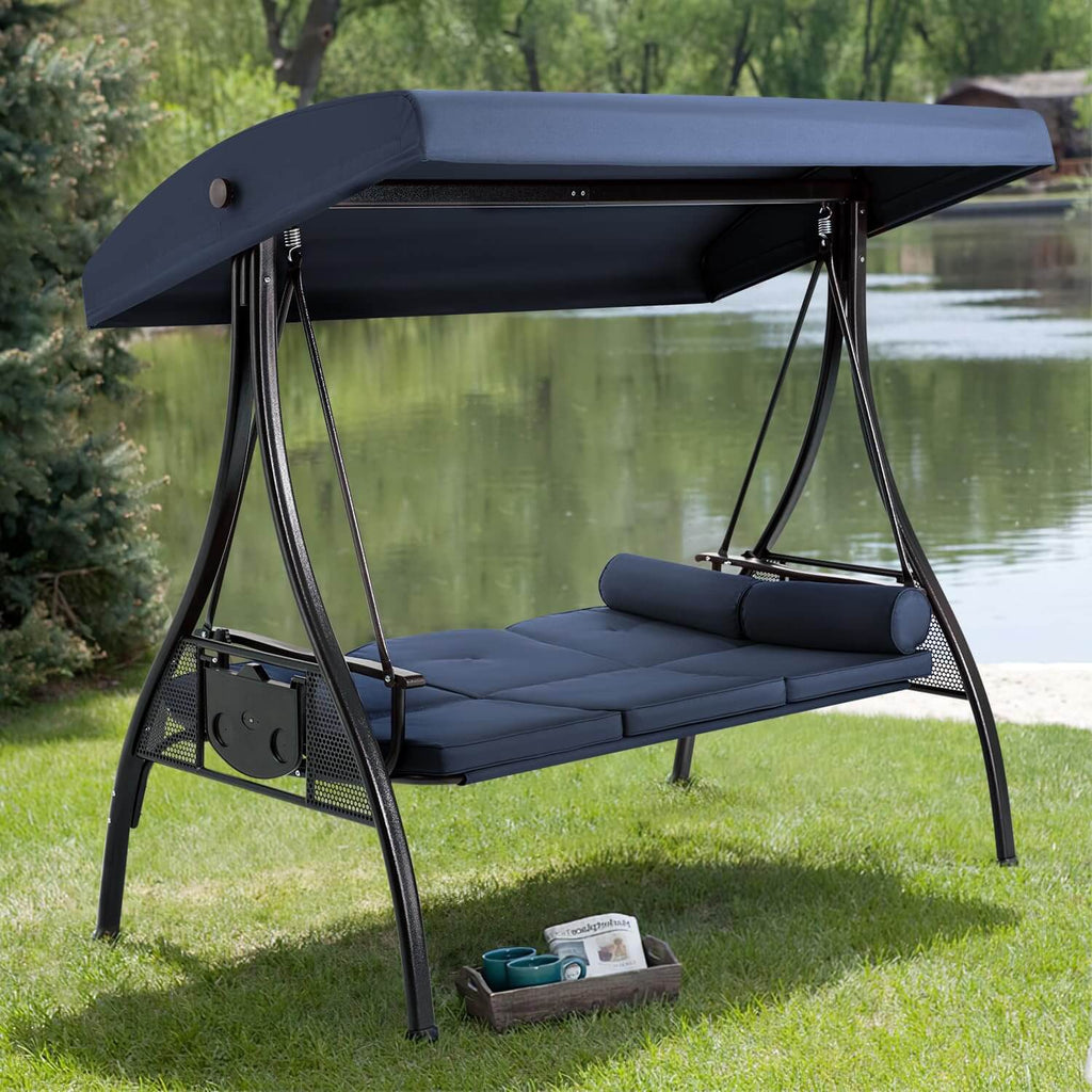 3-Seat Outdoor Porch Swing with Cup Holders. Adjustable Canopy and Backrest for Patio Garden Deck. Blue