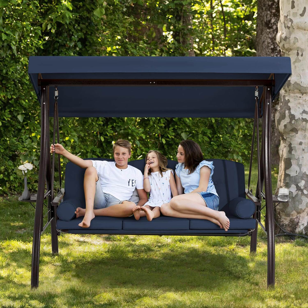 3-Seat Outdoor Porch Swing with Cup Holders. Adjustable Canopy and Backrest for Patio Garden Deck. Blue