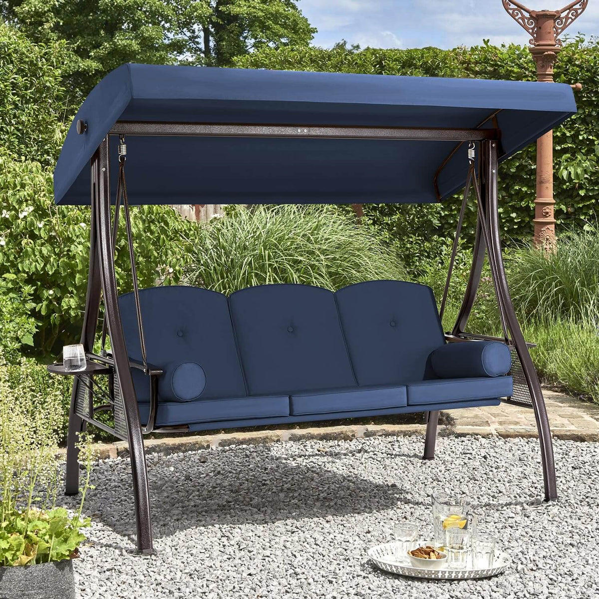3-Seat Outdoor Porch Swing with Cup Holders. Adjustable Canopy and Backrest for Patio Garden Deck. Blue