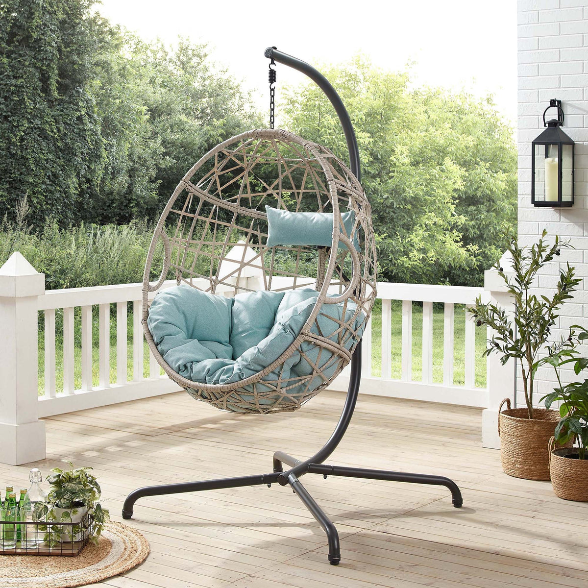 Furnishings Outdoor/Indoor Wicker Hanging Basket Swing Egg Chair with Stand and Cushion