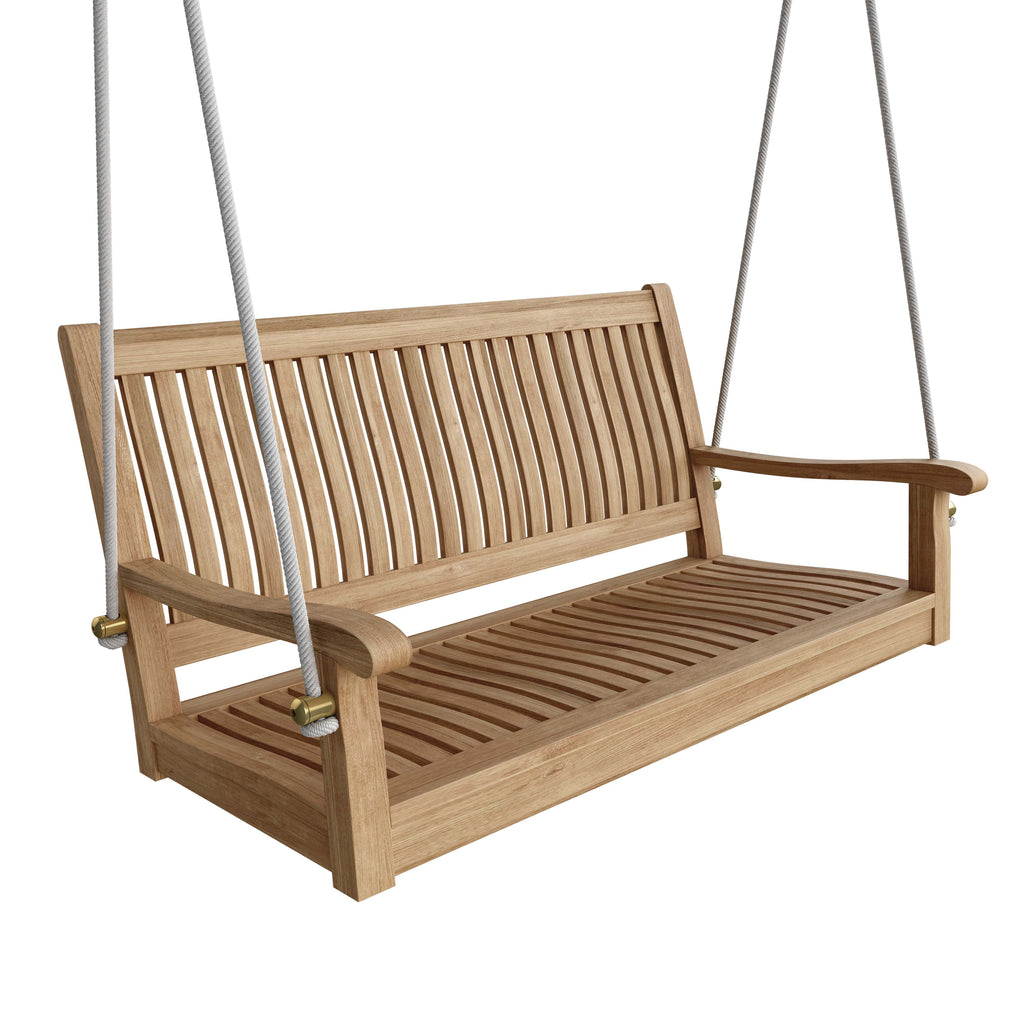 48 Straight Swing Bench. 24 H x48 W x 26 D. Crafted From Premium Teak. Includes 25 Foot White Rope. Outdoor swing