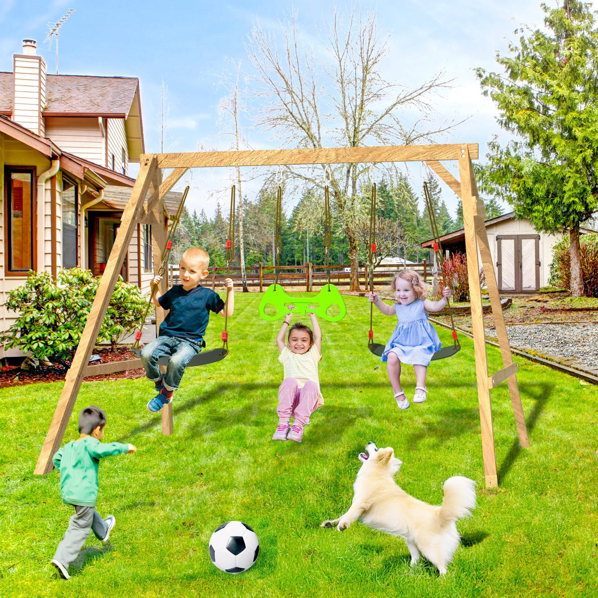Wooden Swing Sets for Backyard with 2 Belt Swings and Trapeze Bar. Outdoor Playset for Kids. Backyard Discovery Wooden Swing Set