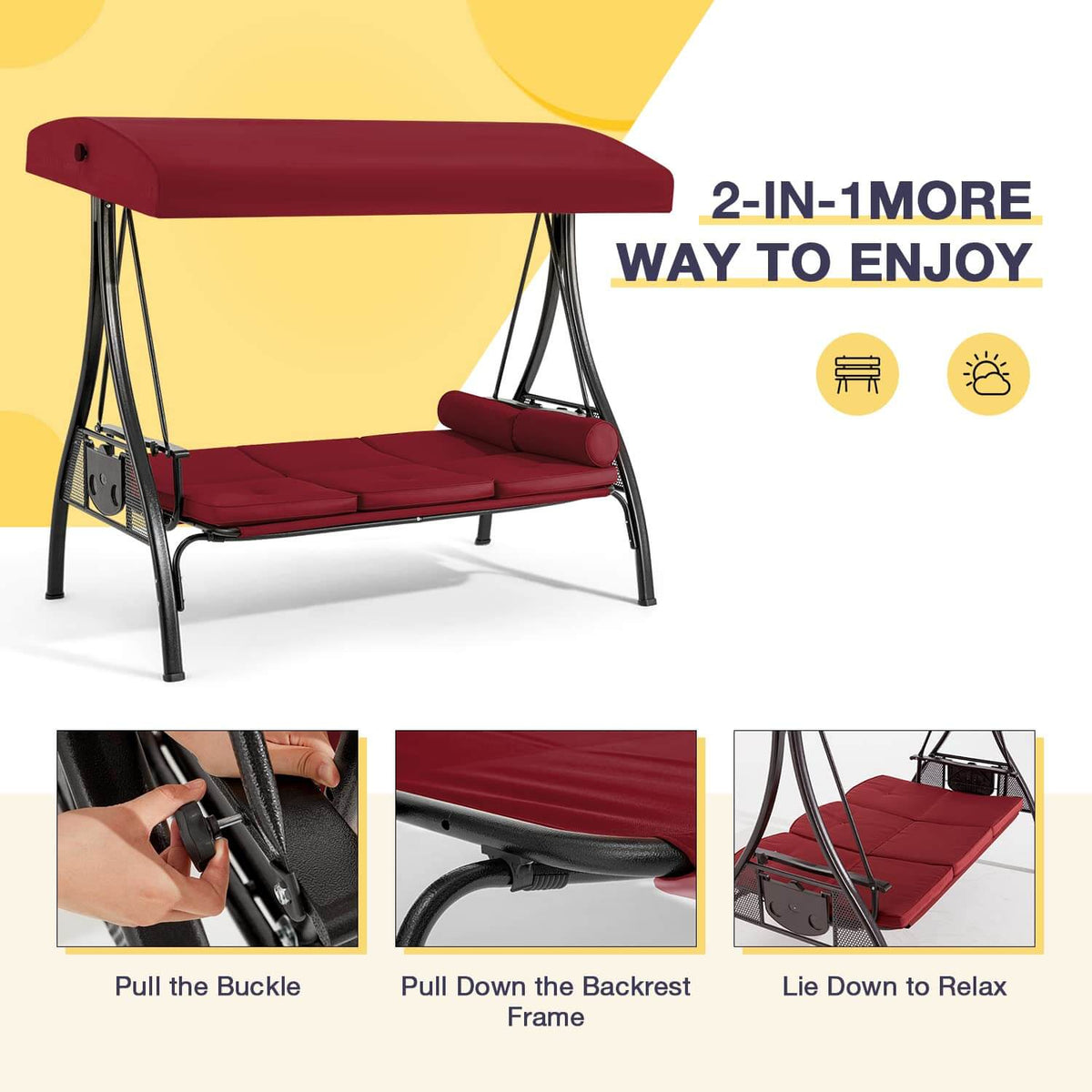 3-Seat Outdoor Porch Swing with Adjustable Canopy Backrest and 2 Side Trays. Wine Red