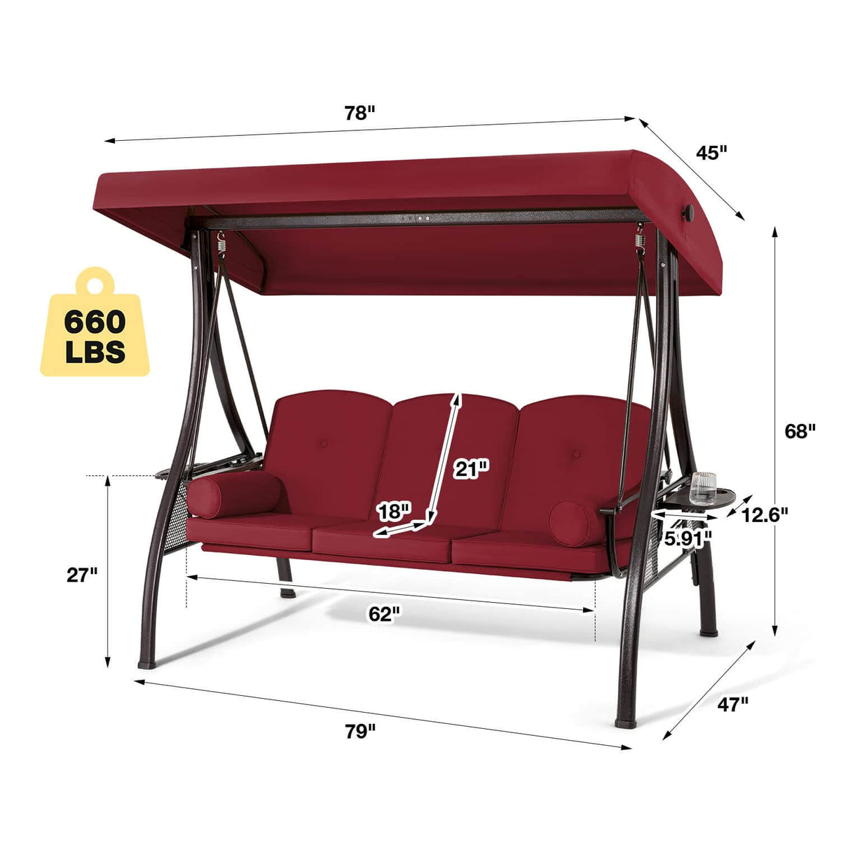 3-Seat Outdoor Porch Swing with Adjustable Canopy Backrest and 2 Side Trays. Wine Red
