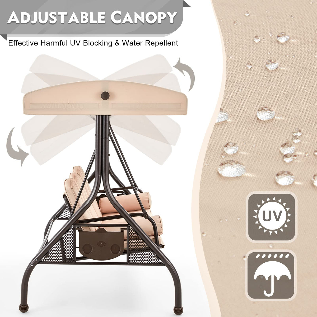 3-Seat Outdoor Swing for a Porch with Adjustable Canopy. Backrest and 2 Side Trays. Khaki