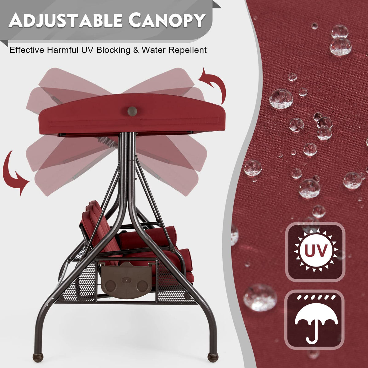3-Seat Outdoor Swing with Adjustable Canopy and Backrest for Porch. Wine Red