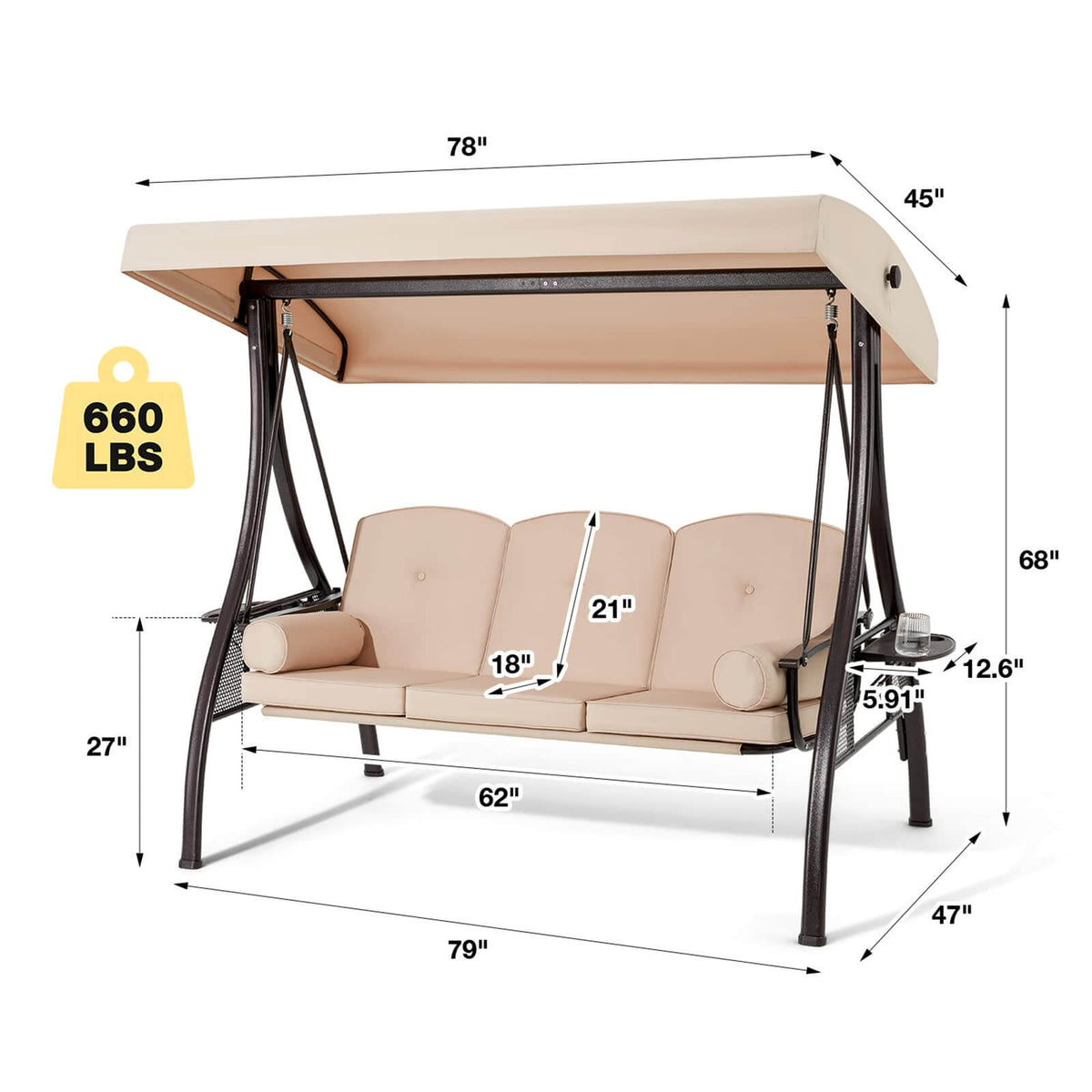 3-Seat Outdoor Porch Swing with Adjustable Canopy and Backrest. Khaki