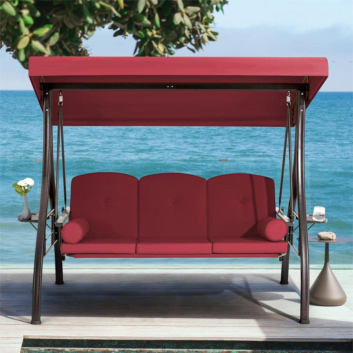 3-Seat Outdoor Porch Swing with Adjustable Canopy Backrest and 2 Side Trays. Wine Red