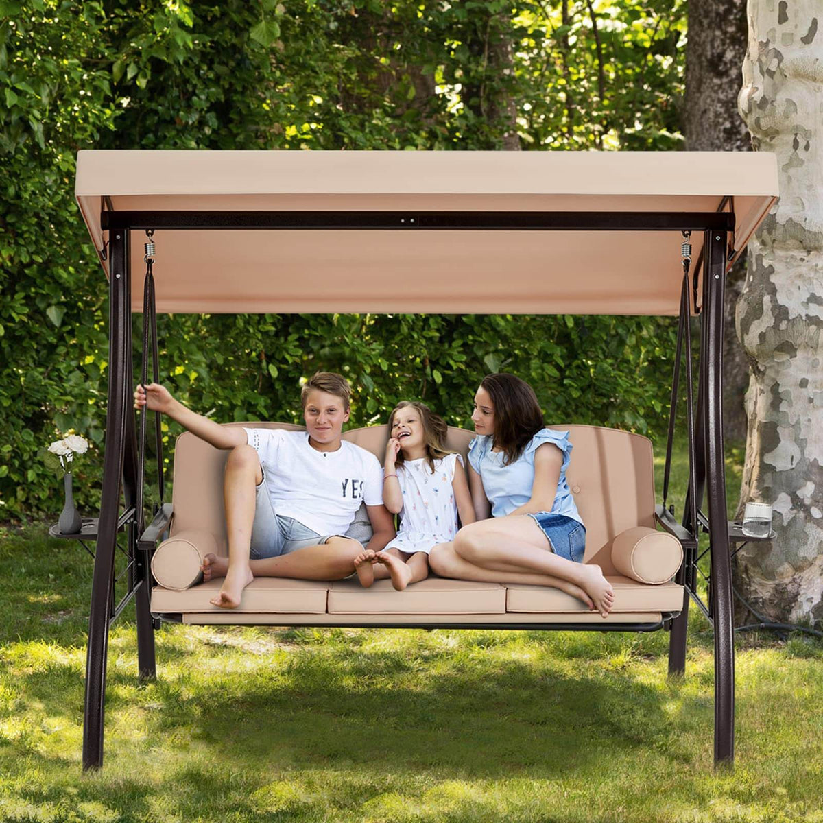 3-Seat Outdoor Porch Swing with Adjustable Canopy and Backrest. Khaki