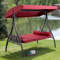 3-Seat Outdoor Porch Swing with Adjustable Canopy Backrest and 2 Side Trays. Wine Red