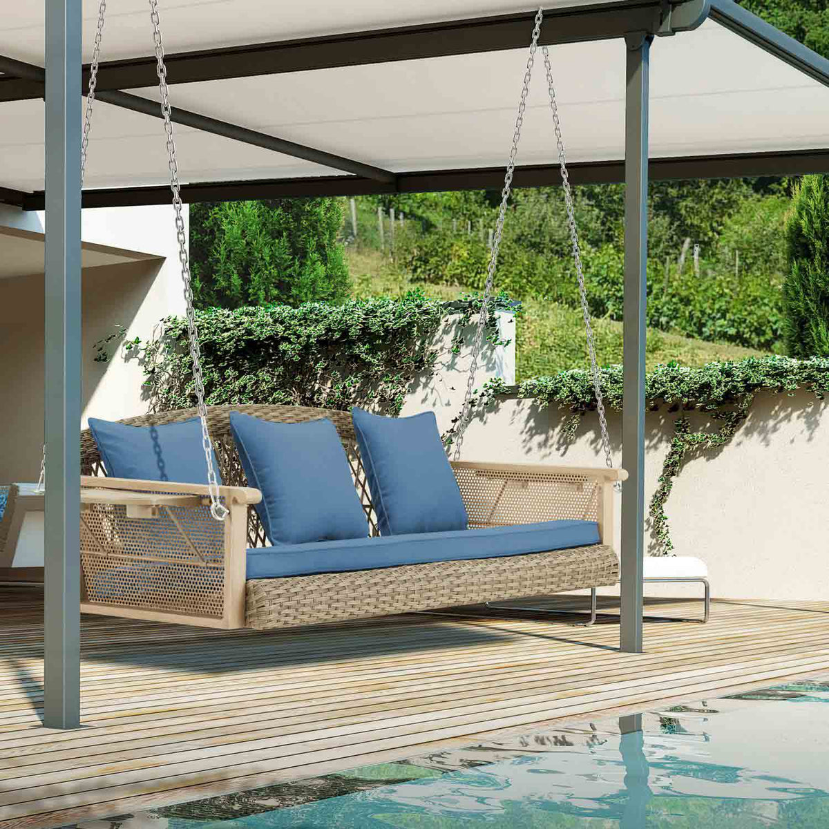 3-Seater Outdoor Porch Swing with Cup Holders. Blue