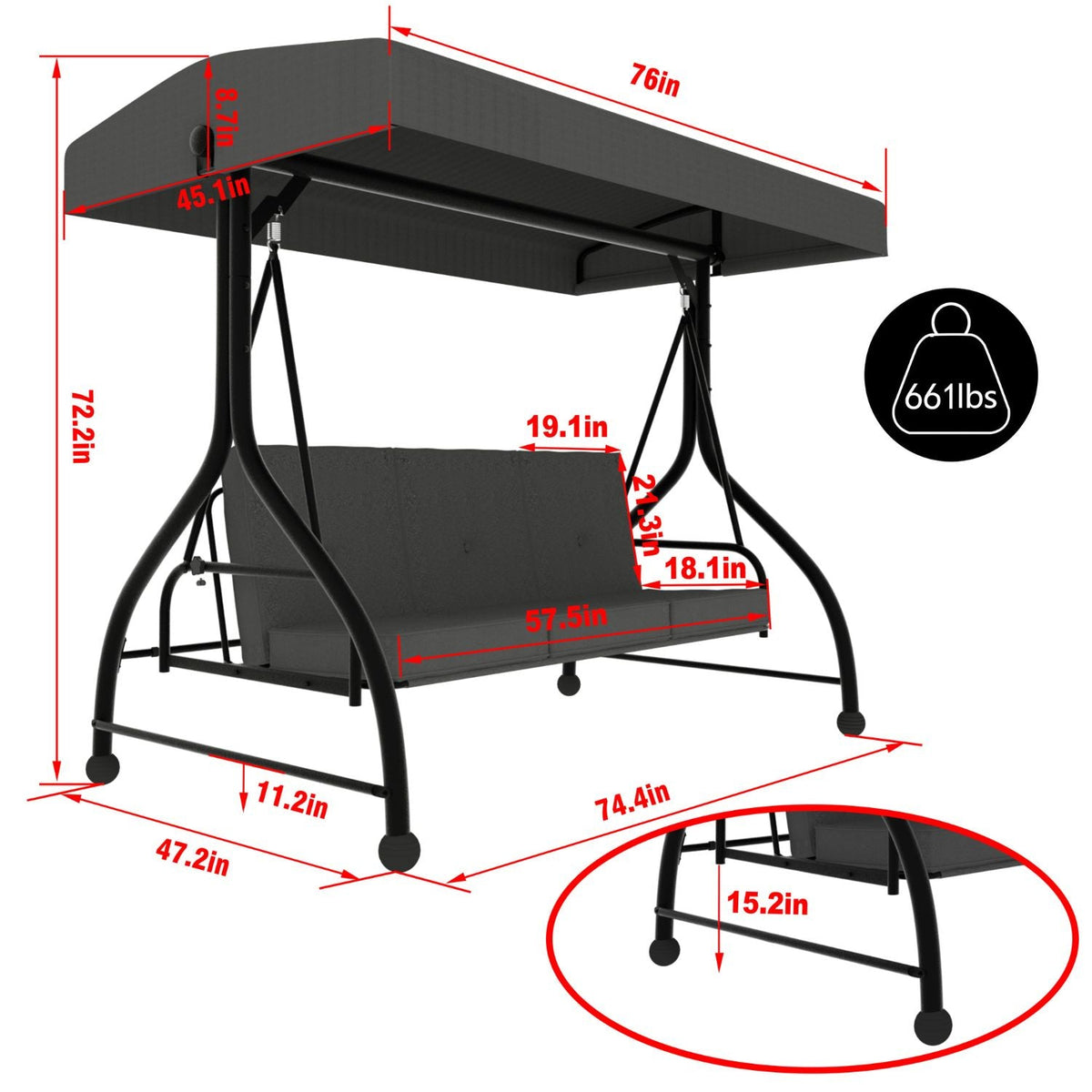 3 Person Patio Swing. Porch Swing Chair. Outdoor Canopy Swing with Stand and Cushions