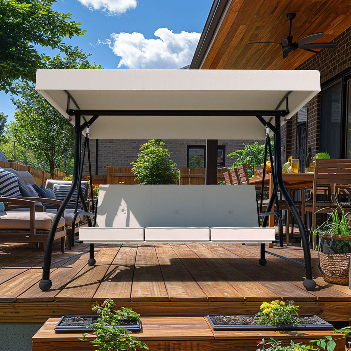 3 Person Patio Swing. Porch Swing Chair. Outdoor Canopy Swing with Stand and Cushions