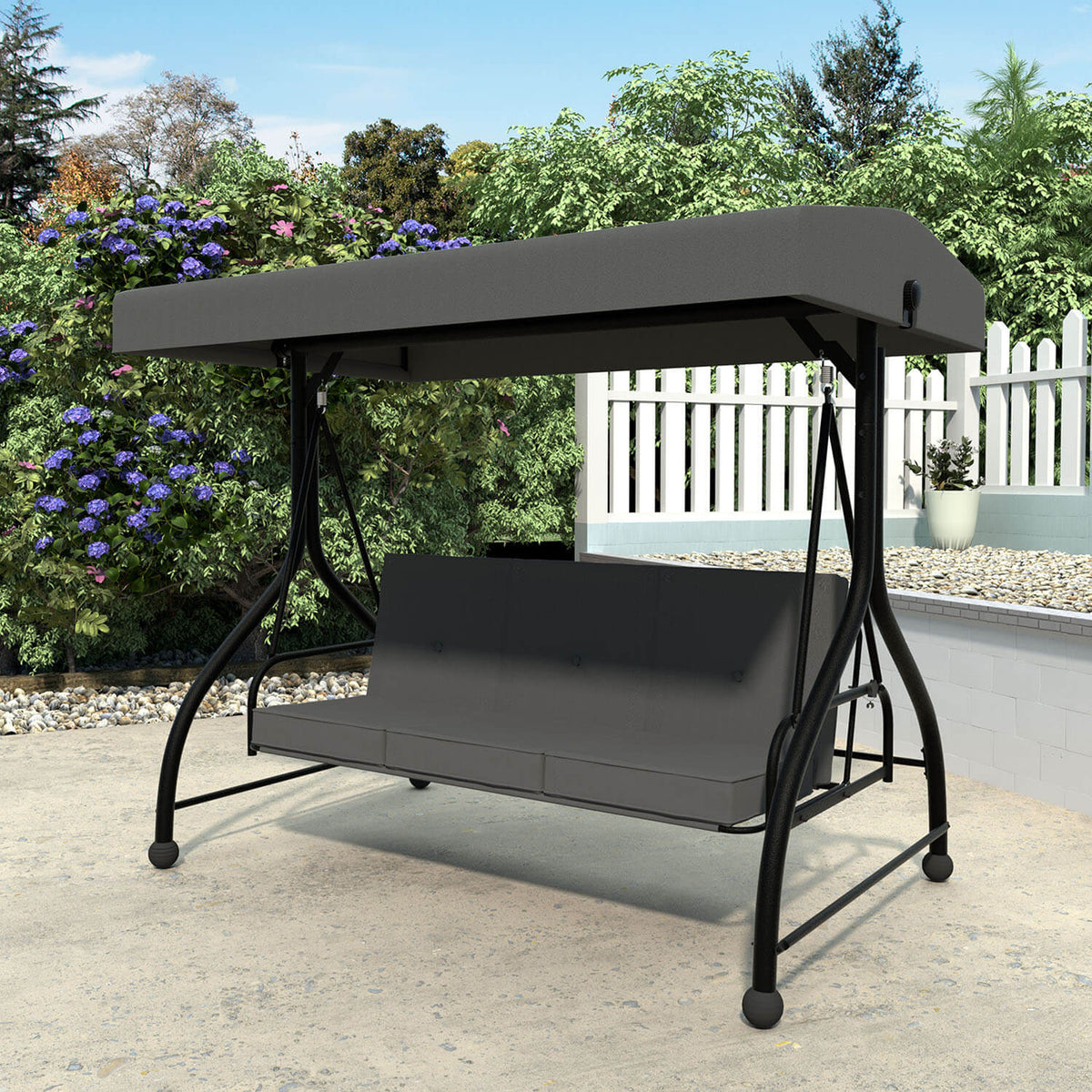 3 Person Patio Swing. Porch Swing Chair. Outdoor Canopy Swing with Stand and Cushions
