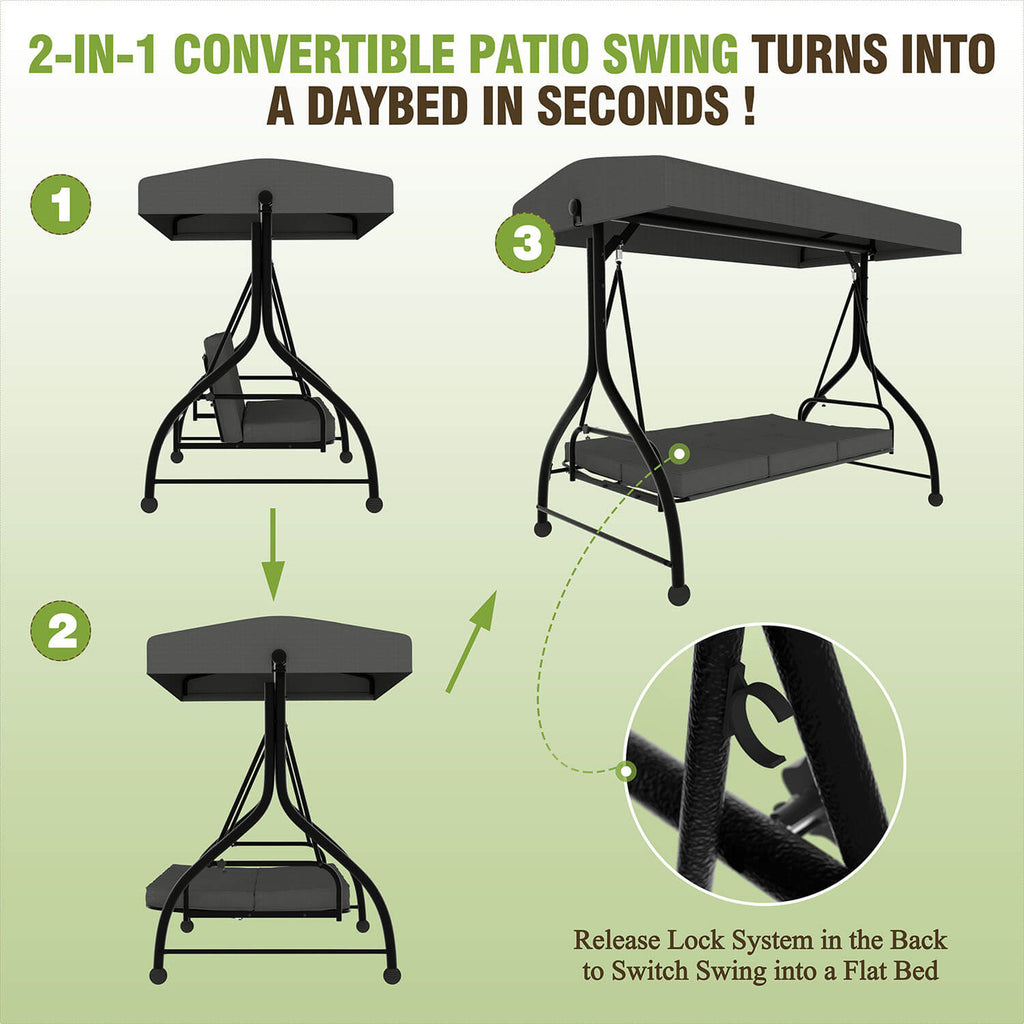 3 Person Patio Swing. Porch Swing Chair. Outdoor Canopy Swing with Stand and Cushions