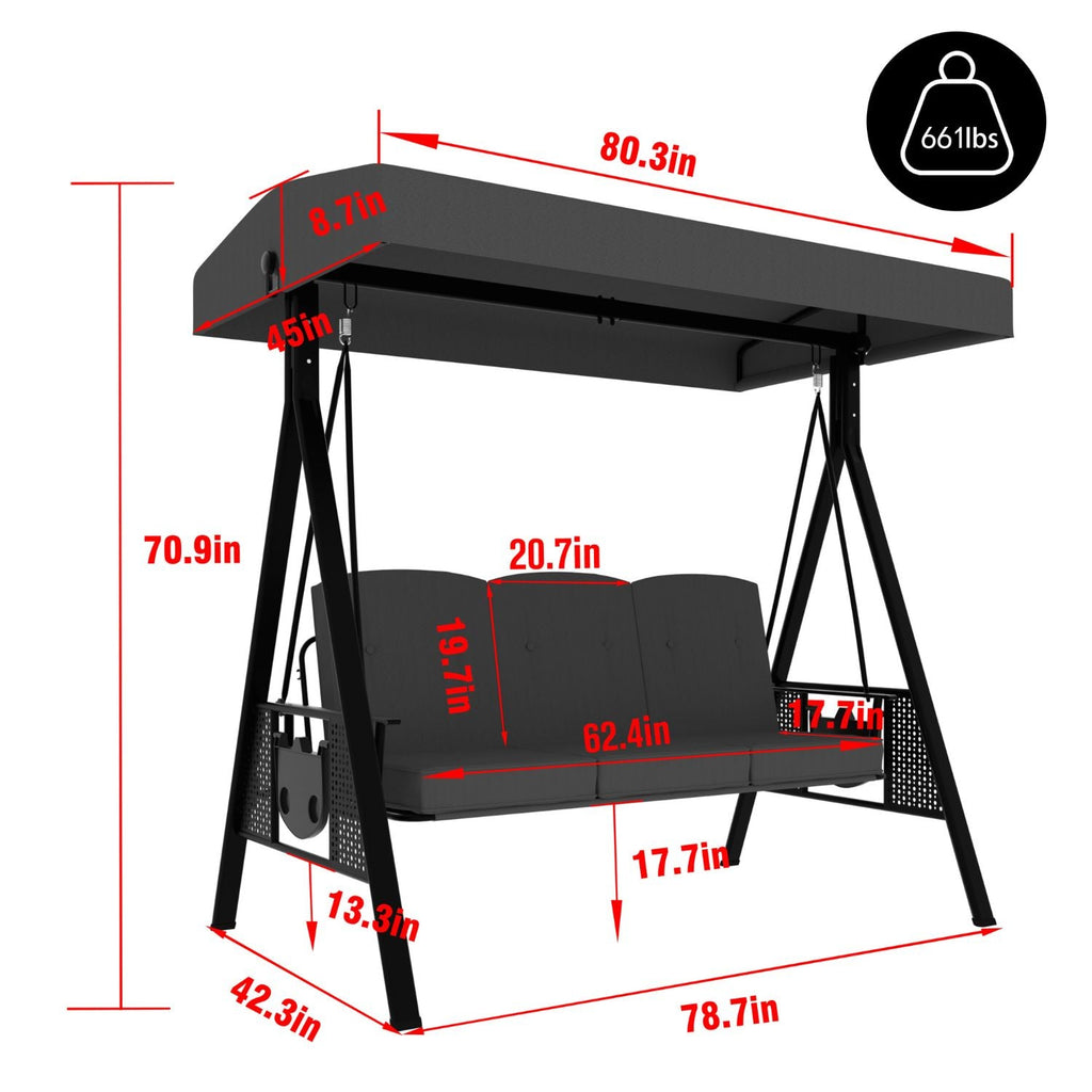 Patio Swing Chair with Canopy. Swing Seat for Adults. 3-person Swing with Removable Cushion