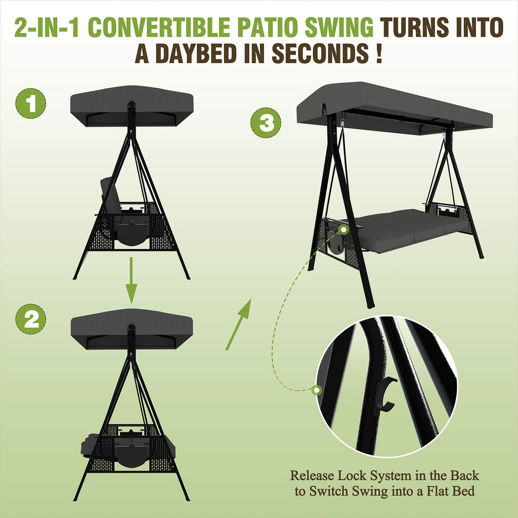 Patio Swing Chair with Canopy. Swing Seat for Adults. 3-person Swing with Removable Cushion
