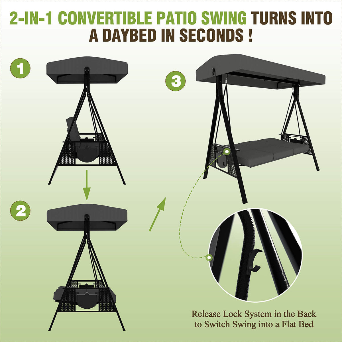 Patio Swing Chair with Canopy. Swing Seat for Adults. 3-person Swing with Removable Cushion