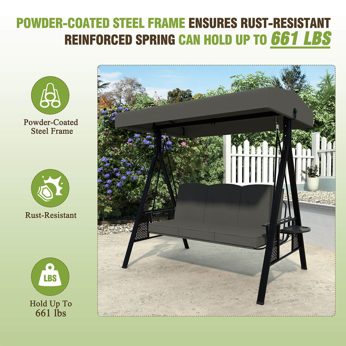 Patio Swing Chair with Canopy. Swing Seat for Adults. 3-person Swing with Removable Cushion