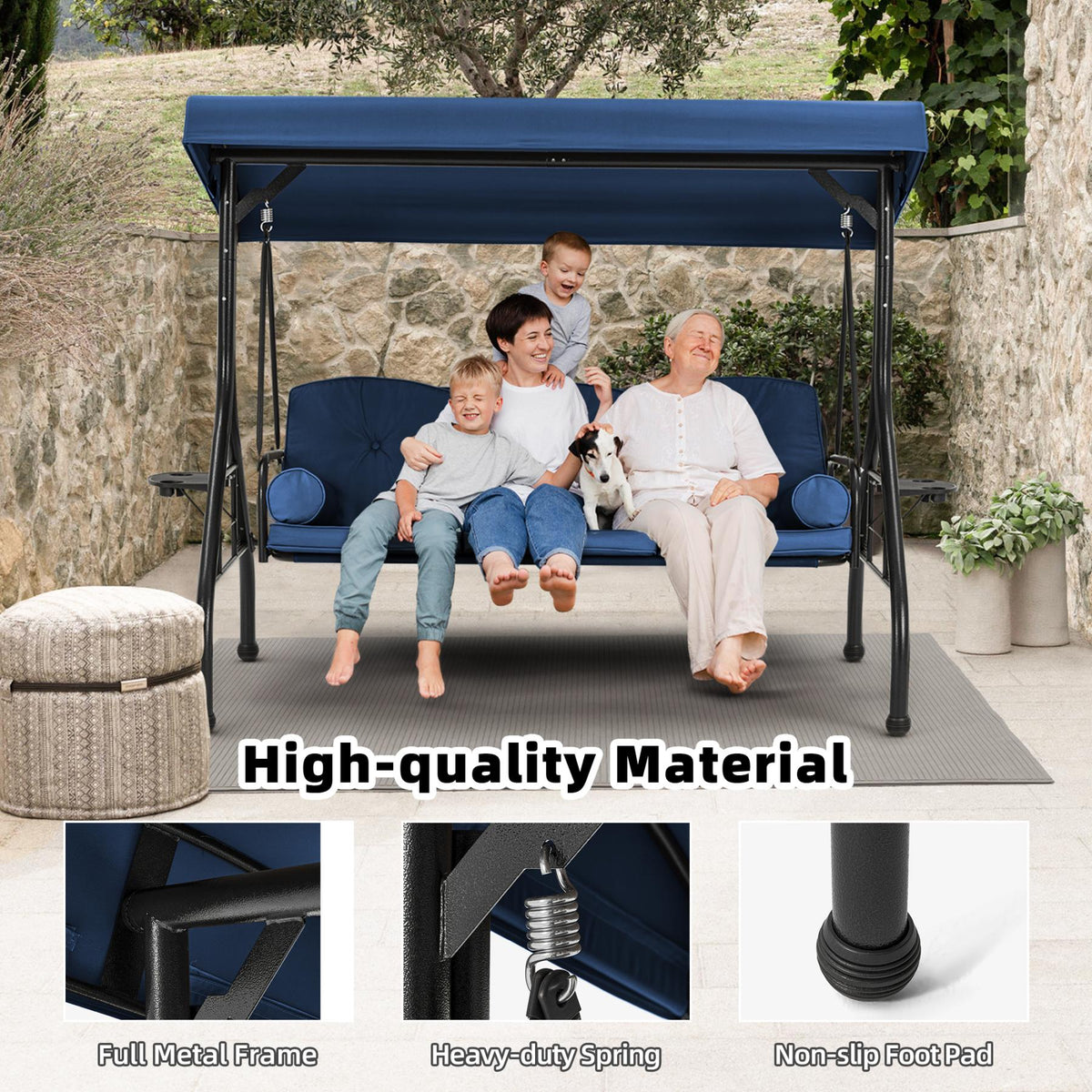 3-Seater Outdoor Porch Swing with Stand. Adjustable Canopy & Backrest. Blue
