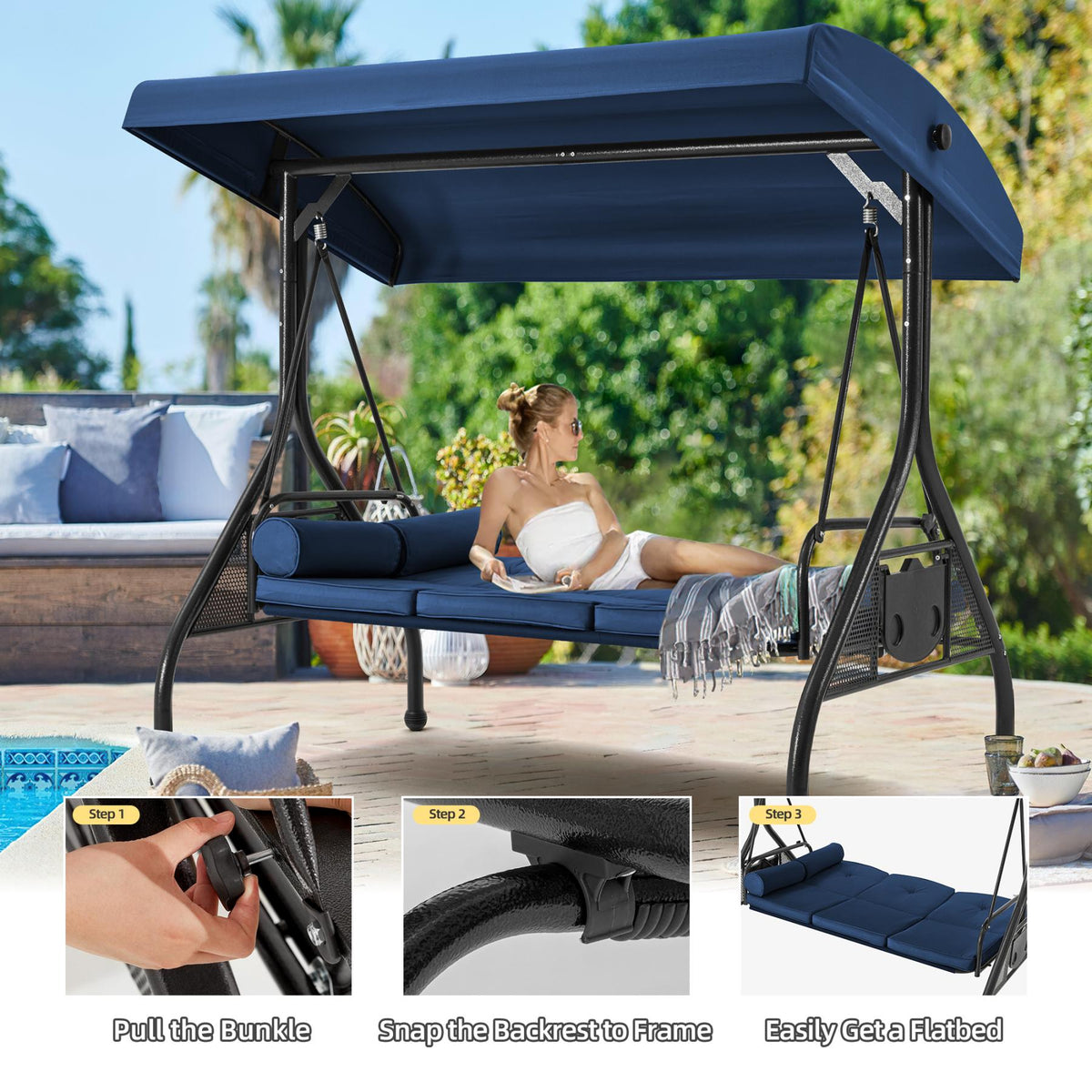3-Seater Outdoor Porch Swing with Stand. Adjustable Canopy & Backrest. Blue