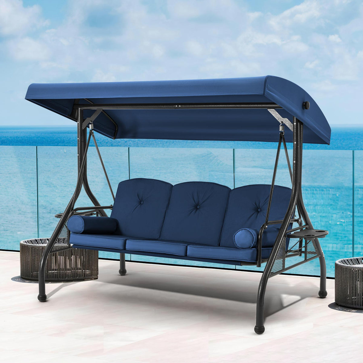 3-Seater Outdoor Porch Swing with Stand. Adjustable Canopy & Backrest. Blue
