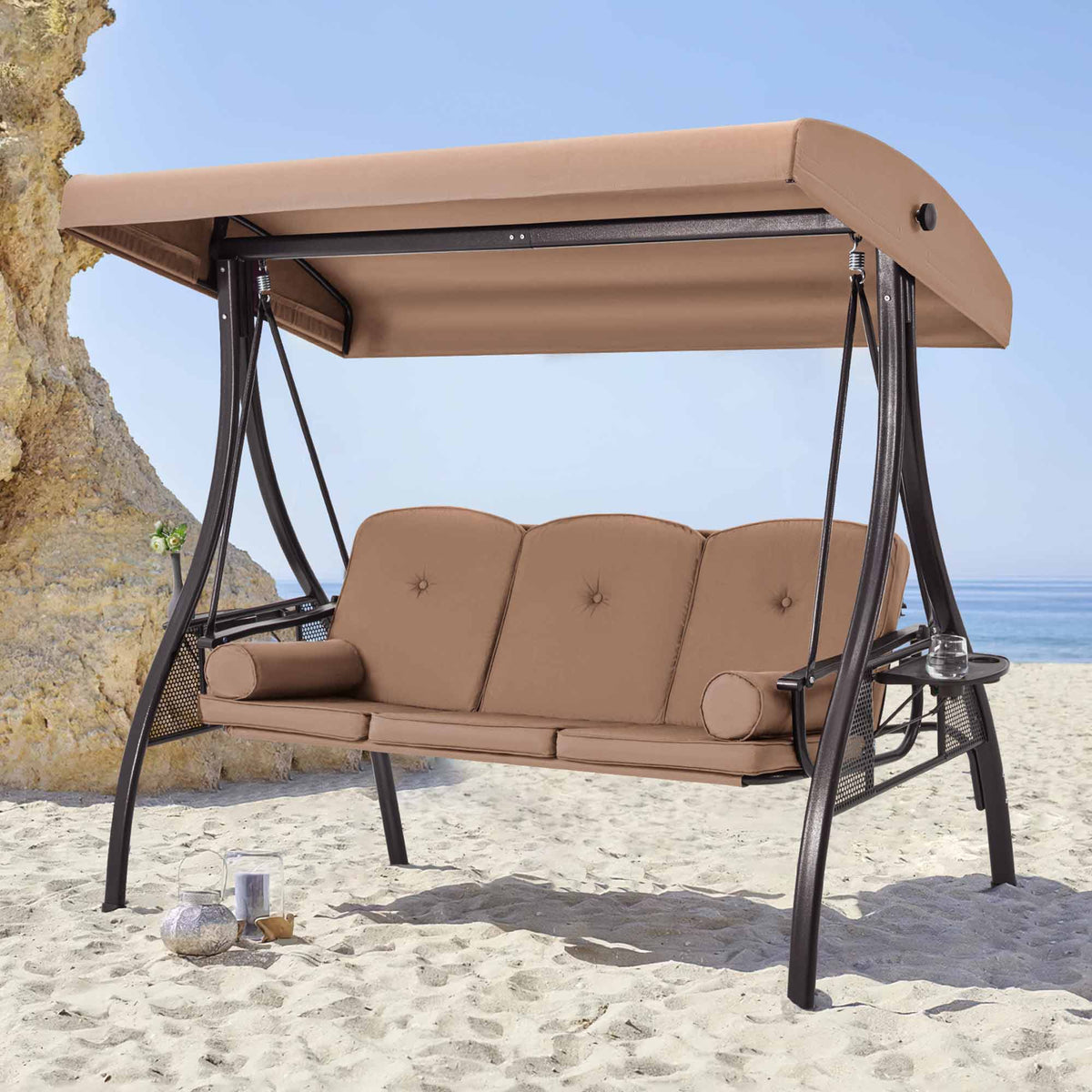 3-Seat Outdoor Porch Swing with Adjustable Canopy and Backrest. Brown