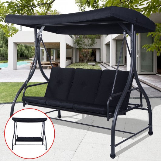 3 Seats Converting Outdoor Swing Canopy Hammock w/ Adjustable Tilt Canopy-Black