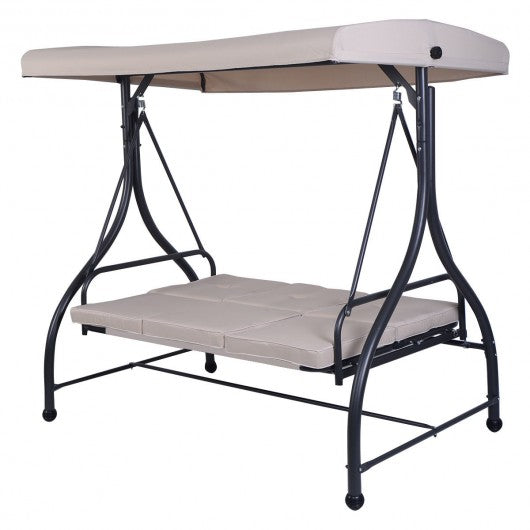 3 Seats Converting Outdoor Swing Canopy Hammock w/ Adjustable Tilt Canopy-Beige