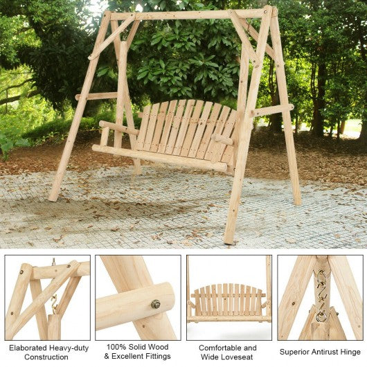 Rustic Wooden Porch Swing Bench with A-Frame Stand Set