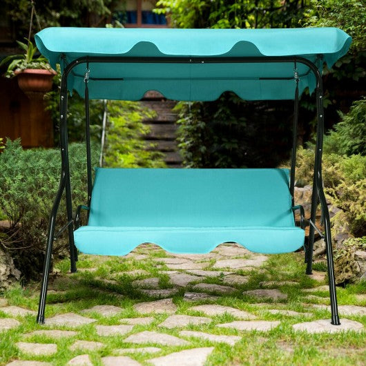 3 Seats Patio Canopy Cushioned Steel Frame Swing Glider Hammock-Blue Outdoor swing