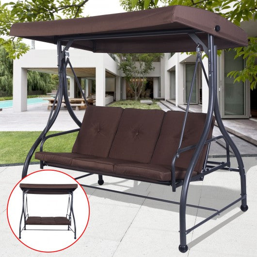 3 Seats Converting Outdoor Swing Canopy Hammock w/ Adjustable Tilt Canopy-Brown