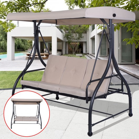 3 Seats Converting Outdoor Swing Canopy Hammock w/ Adjustable Tilt Canopy-Beige
