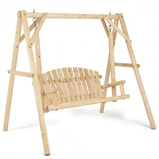 Rustic Wooden Porch Swing Bench with A-Frame Stand Set