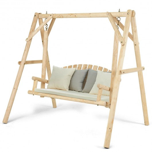 Rustic Wooden Porch Swing Bench with A-Frame Stand Set