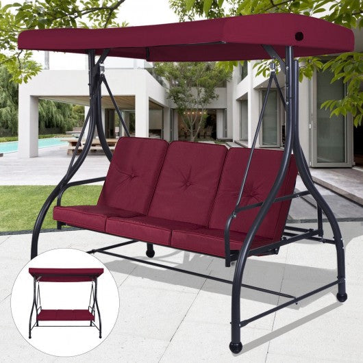 3 Seats Converting Outdoor Swing Canopy Hammock with Adjustable Tilt Canopy-Wine