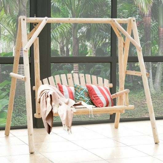 Rustic Wooden Porch Swing Bench with A-Frame Stand Set