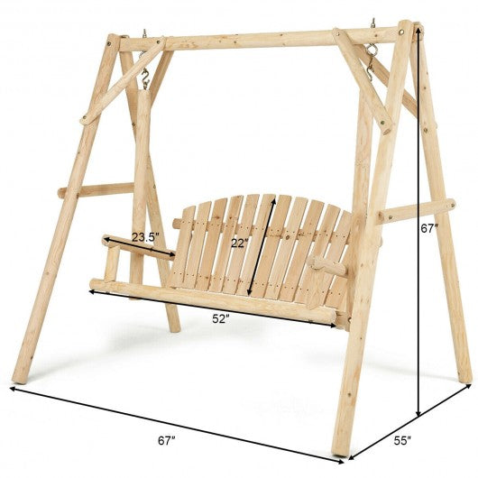Rustic Wooden Porch Swing Bench with A-Frame Stand Set