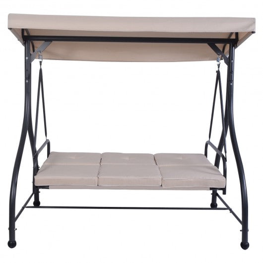 3 Seats Converting Outdoor Swing Canopy Hammock w/ Adjustable Tilt Canopy-Beige