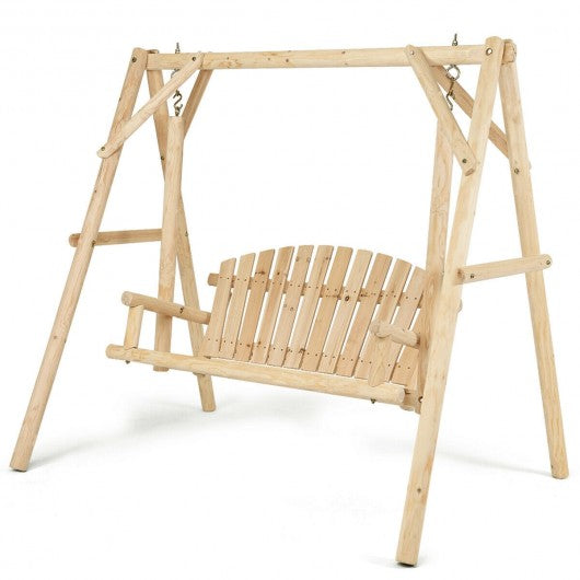 Rustic Wooden Porch Swing Bench with A-Frame Stand Set