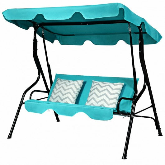 3 Seats Patio Canopy Cushioned Steel Frame Swing Glider Hammock-Blue Outdoor swing