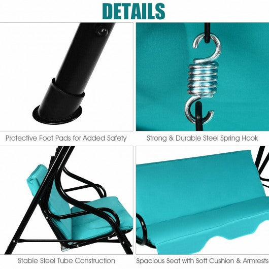 3 Seats Patio Canopy Cushioned Steel Frame Swing Glider Hammock-Blue Outdoor swing